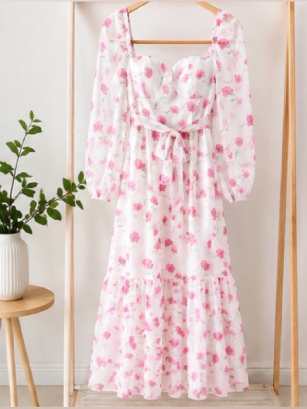 Floral Puff-Sleeve White Maxi Dress with Pink Print